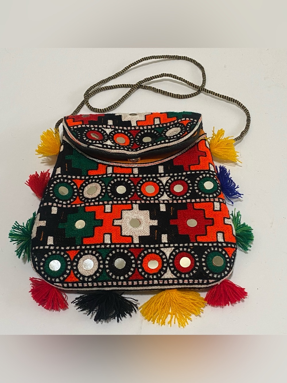 Boho Embroidered Mirrorwork Tassel Crossbody Bag with Colorful Geometric Pattern